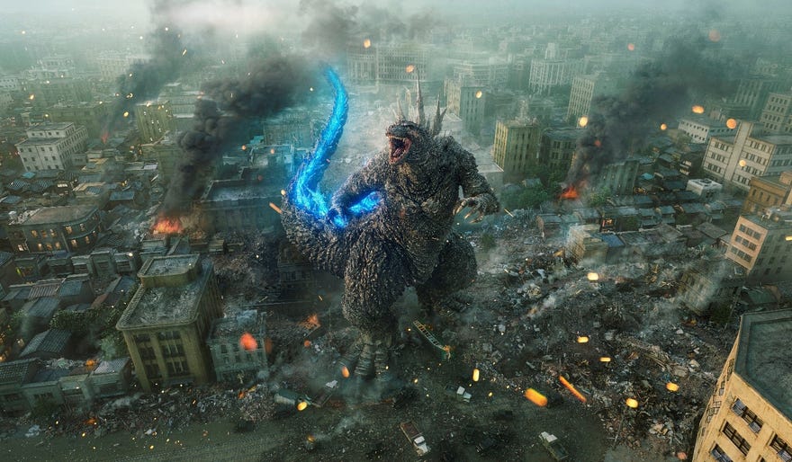 Image featuring Godzilla with a blue tail
