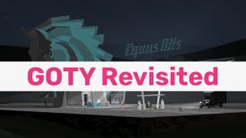 A screenshot of the Equus Oils gas station in Kentucky Route Zero, with a text banner over the image reading GOTY Revisited in bright pink letters.