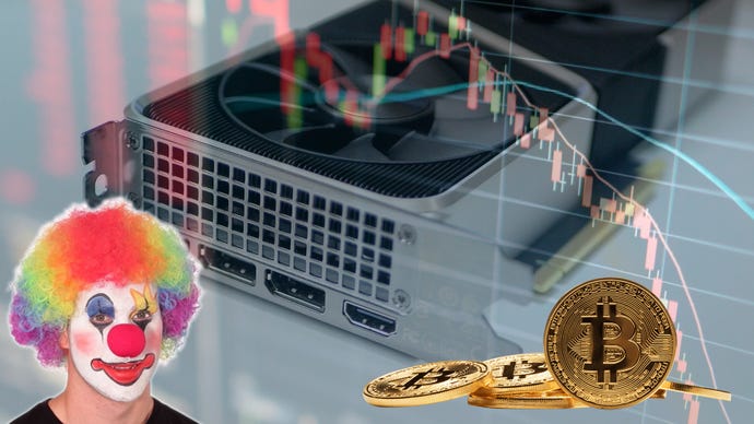 A GPU is shown with a graph of falling cryptocurrency values, a clown, and some Bitcoin.