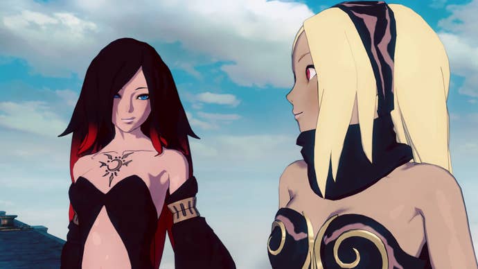 Dos personajes de Gravity Rush 2 conversan, con los rostros alejados del espectador.