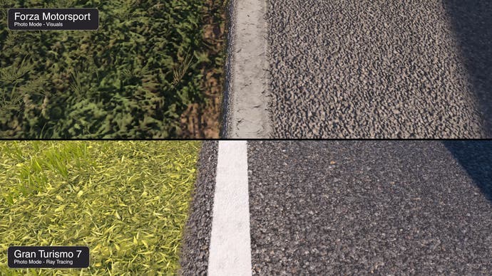 Forza vs [NoEdit] Gran Turismo 7 Porównanie: detale tekstury trawy i ścieżki