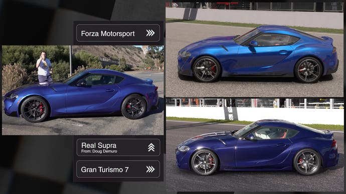 Toyota GR Supra RZ shown in GT7 and Forza Motorsport in blue versus the 'real thing'