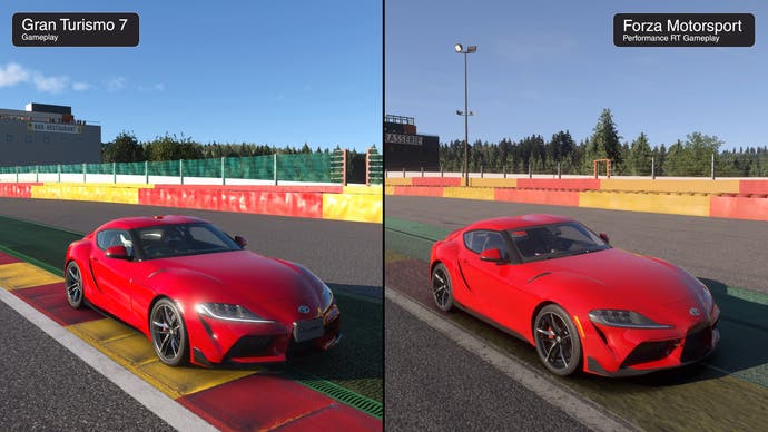Toyota GR Supra RZ shown in GT7 and Forza Motorsport in red