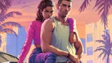GTA 6 artwork showing Jason and Lucia leaning against the bonnet of a car