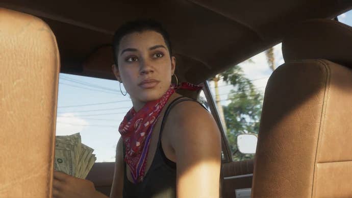 GTA 6 screenshot of the female protagonist in a car