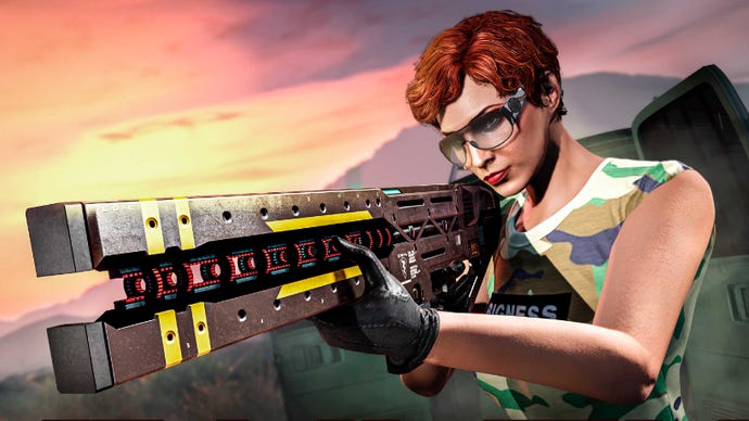 Potret layar saka Auto Grand Theft Online Menehi karakter sing nyekel railgun ing ngarep lawang bedhil van