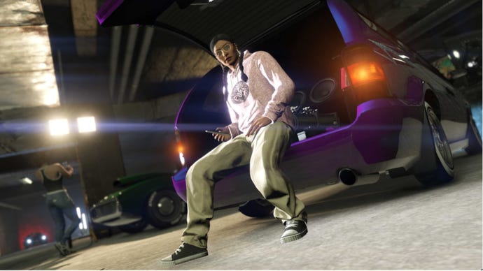 GTA Online Mimi sitting on the back of a purple car at LS Car Meet
