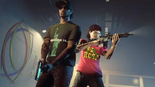 GTA Online, Official Rockstar image of two players holding weapons in a warehouse.