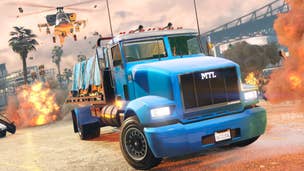 GTA Online Rockstar Newswire Image, a large Truck is racing along a dirt road.