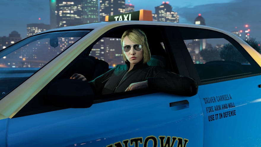 A screenshot from GTA Online showing a taxi driver sat in their vehicle with the window down, wearing sunglasses, a city in the background