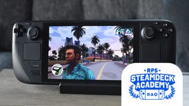 The GTA Trilogy - Definitive Edition version of Grand Theft Auto: Vice City running on a Steam Deck. The RPS Steam Deck Academy logo is added in the bottom right corner.