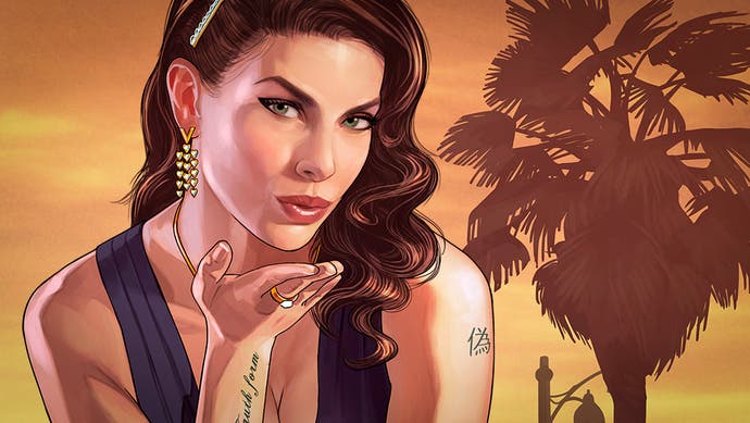 A pretty feminine character from the world of Grand Theft Auto 5 bends forward and blows the camera a kiss.  The sky is a warm orange and there are palm trees around it.