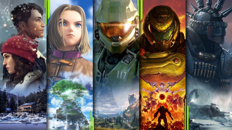 Game Pass promotional art work featuring Tell Me Why, Halo Infinite, Dragon Quest 11, Doom Eternal, Wasteland 3