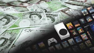 An Xbox Series S, with a lot of games scattered around it, fades into some green-hued British money.