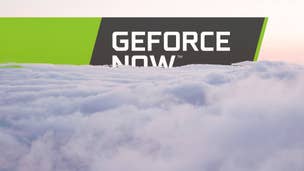 The GeForce Now logo peeks over a bank of nice fluffy cumulous clouds
