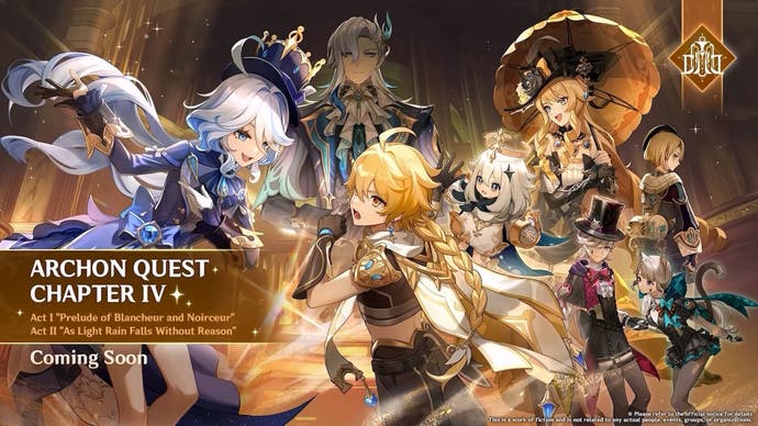 Official artwork of new fontaine characters with the traveler and paimon in the middle with text saying there will be a new archon quest soon.