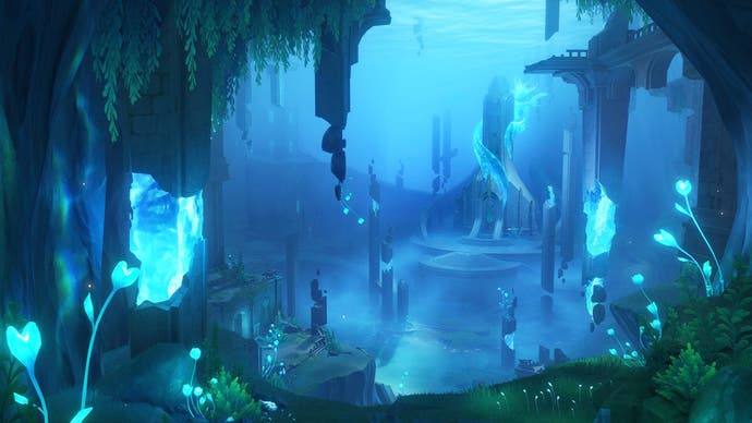 Screenshot van een onderwaterlandschap met gebouwen en waterplanten