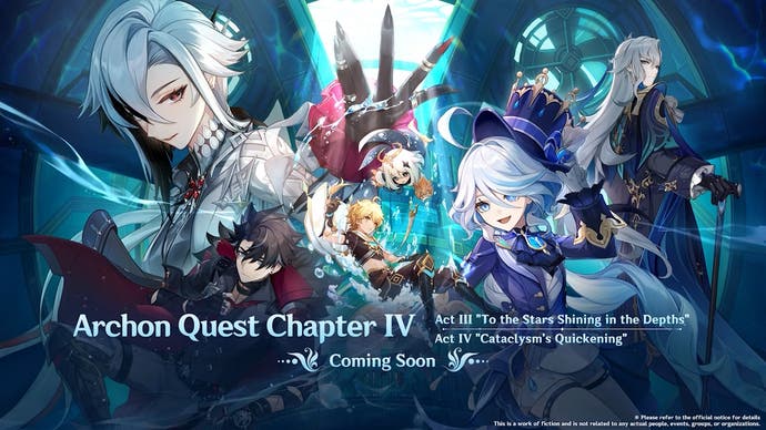 version 4.1 official artwork with fontaine characters and text saying act 3 and 4 of the fontaine archon quest are coming soon