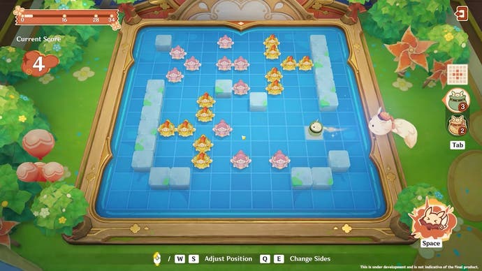 minigame of a creature shooting projectiles on a colourful grid board filled with fish enemies and obstacles