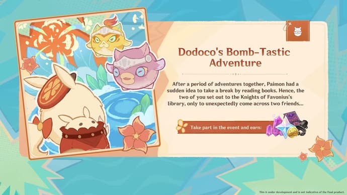 a summary of the dodoco minigame in version 4.1 with artwork of dodoco and fish and a description of the event storyline