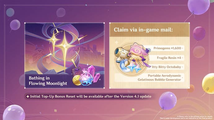 image and text showing the anniversary rewards including fate primogems and gadgets