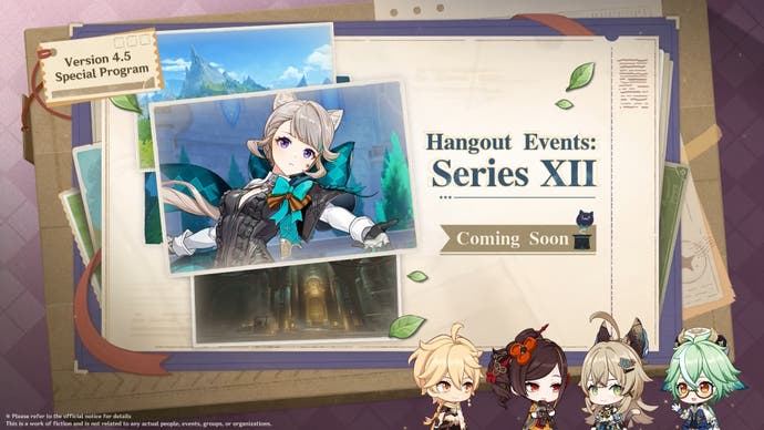 Illustration announcing Lynette's Hangout Quest in version 4.5 of Genshin Impact during the 4.5 livestream.