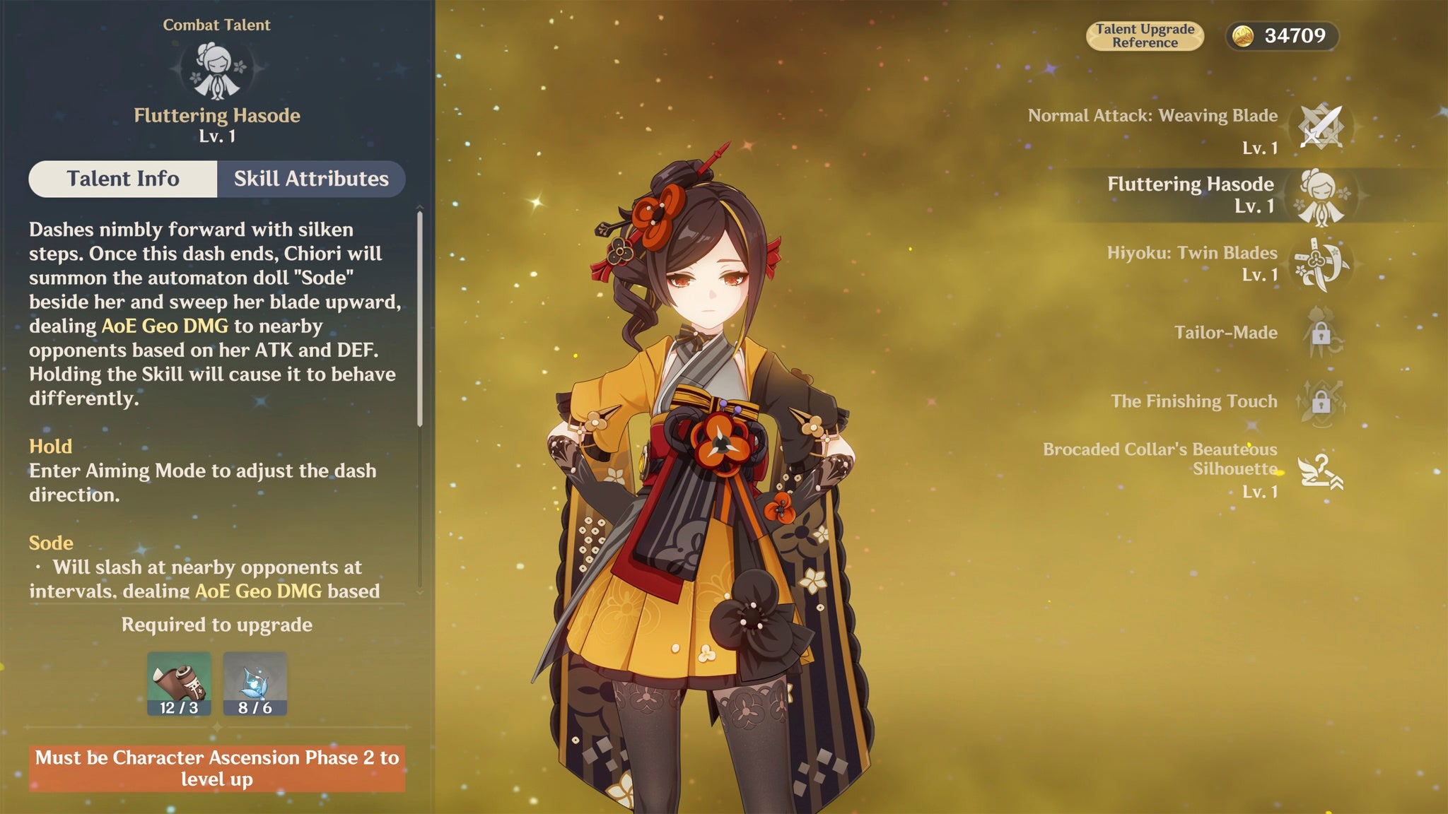 Chiori's character Talent menu with her Talent level-up materials displayed before the Talen't description on the left for Genshin Impact.