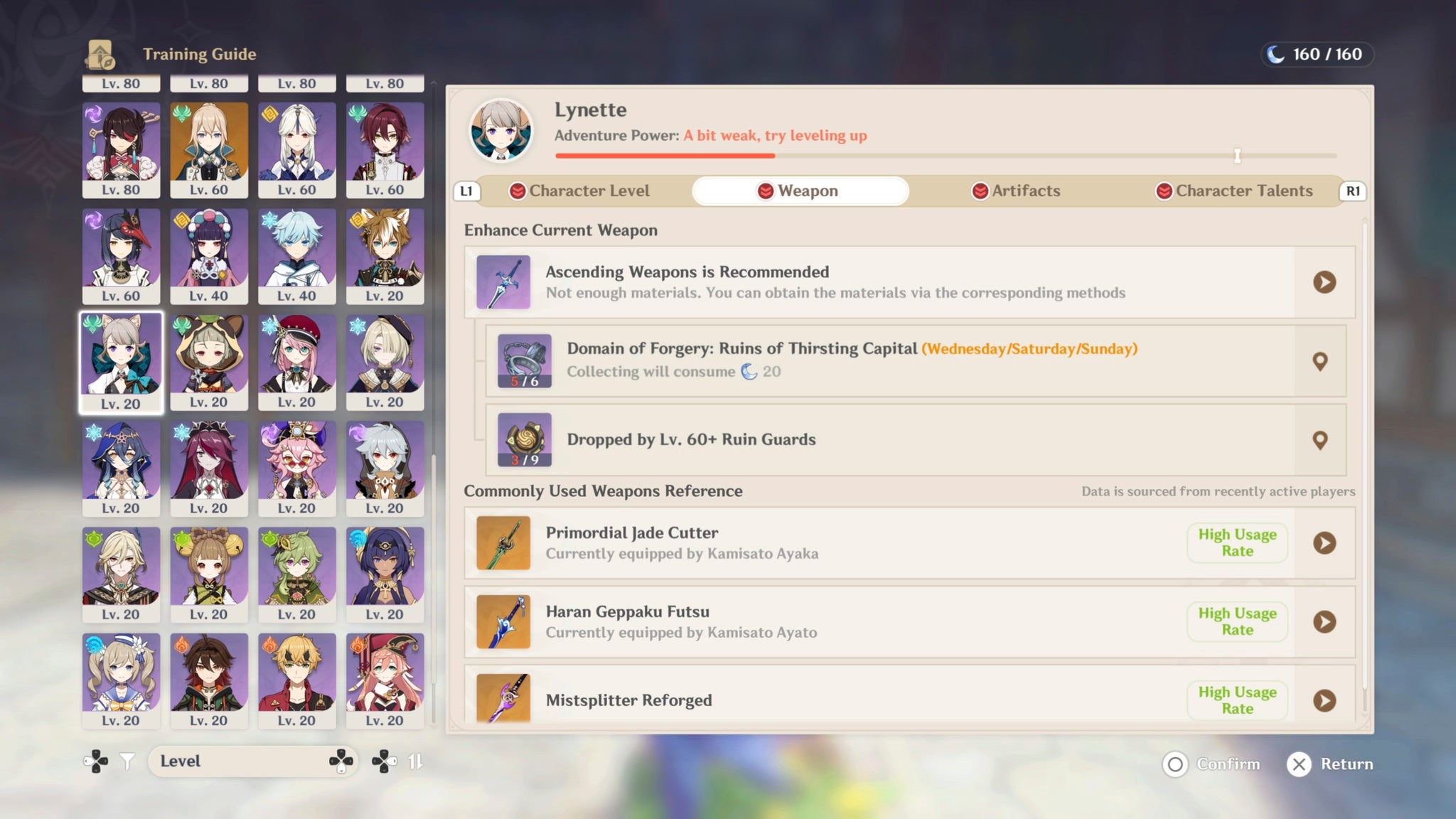 The Training Guide menu being introduced in Genshin Impact version 4.5, showing suggestions for what players should do with their characters.