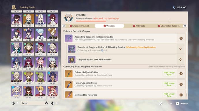 The Training Guide menu introduced in Genshin Impact version 4.5, displaying suggestions on what players should do with their characters.