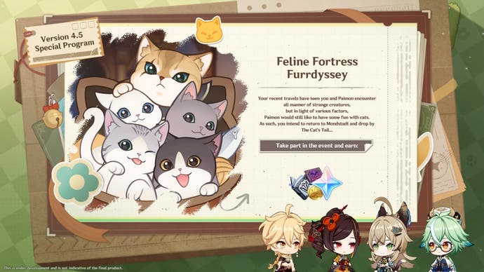 Genshin Impact 4.5 Feline Fortress Furrdyssey event details and 4.5 live stream artwork.