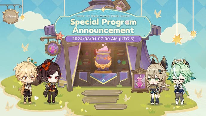 Chibi versions of Aether, Chiori, Kirara, and Sucrose in front of a purple tent with a purple cauldron as part of the 4.5 livestream special date announcement for Genshin Impact.