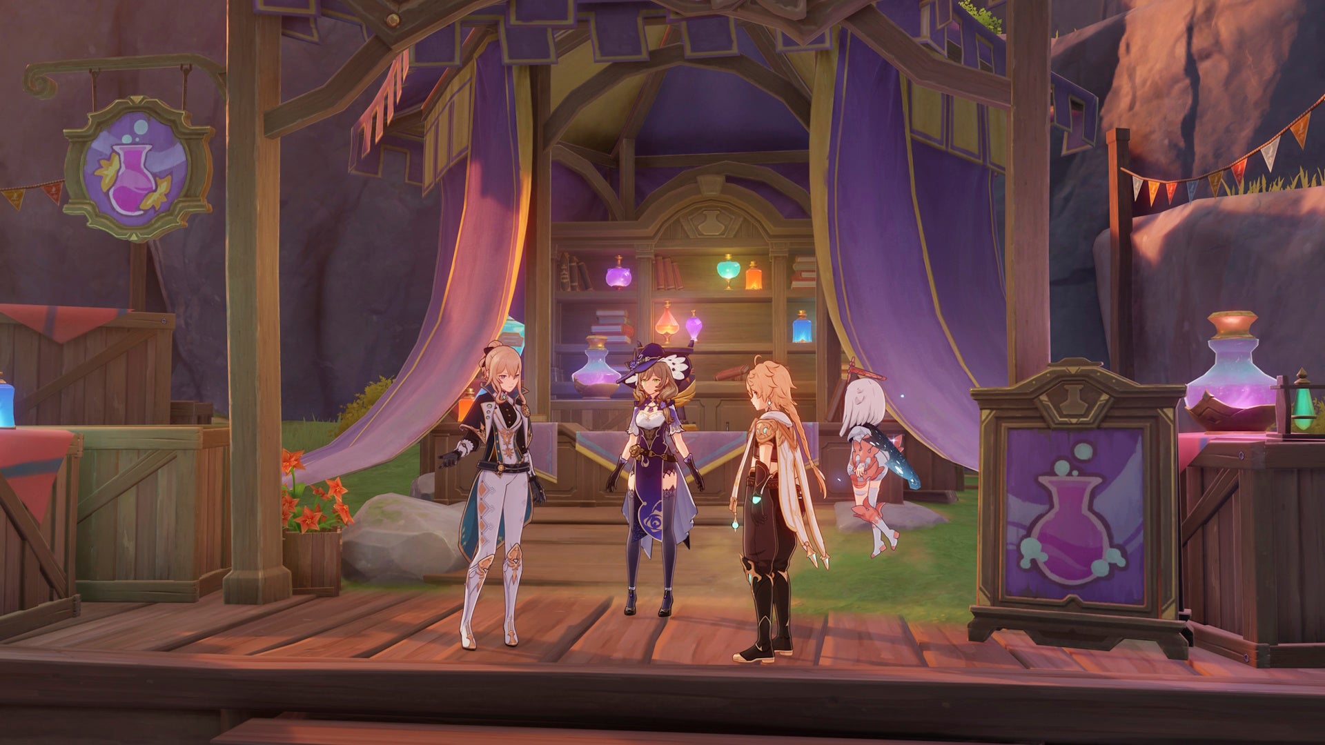 Aether speaking with Jean and Lisa in the Alchemical Ascension event during Genshin Impact version 4.5.