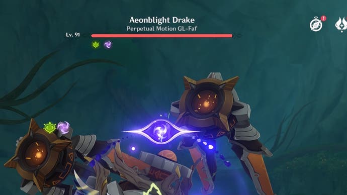 Vista recortada de la barra de salud de Aeonblight Drake Enemy con Dendro y Signs Electro debajo de él que muestra el Aura Quicken se aplica