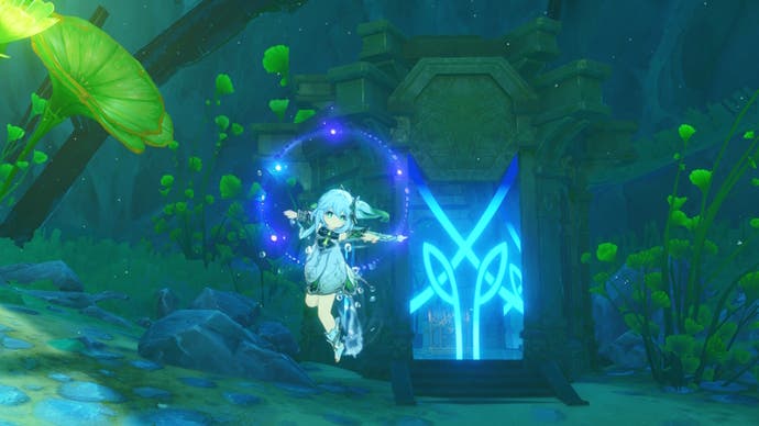 Nahinda floating underwater in front of a blue glowing fontaine shrine of the depth.