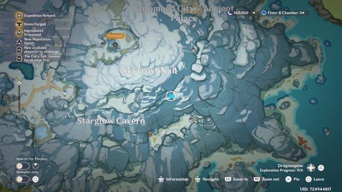 Vista de mapa de una ubicación de cuarzo escarlata dentro de Moonglow Cavern en Dragonspine