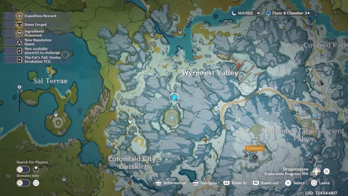 Kartenaussicht auf den endgültigen Shard -Standort für die Nebenquest in der Berge auf dem Dragonspine Mountain