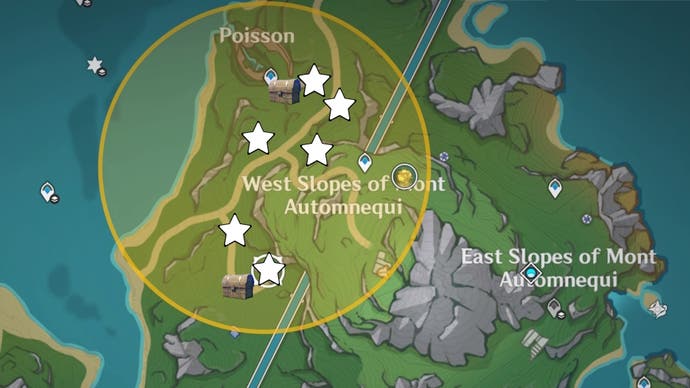 Cropped map view of the western slopes of the Mount Autumn Fountain region with stars and chests marking the locations of treasures of lost riches