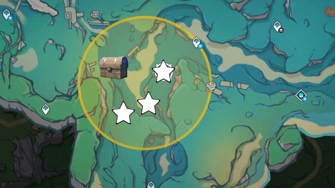 Cropped underwater map of the Fountain area of ​​Salacia Plain with stars and chests marking the locations of Lost Riches treasures