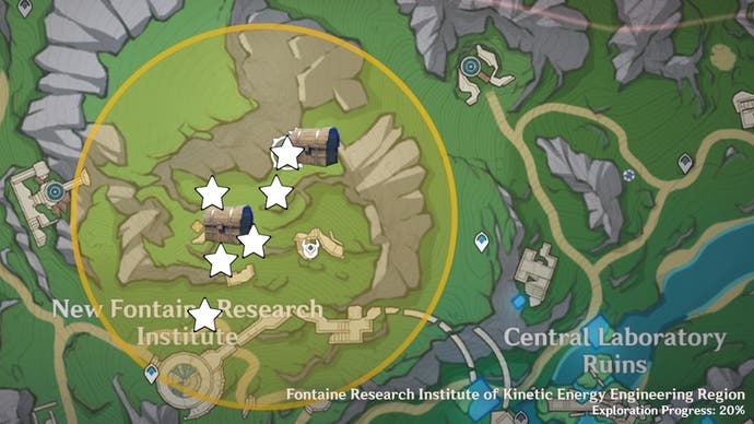 Cropped map of the new Fontaine Research Institute, Fontaine area, with stars and chests marking the locations of treasures of lost riches