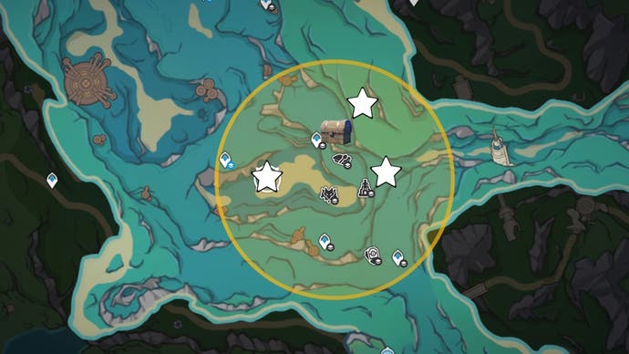 Panoramic view of the Liffey Fountain underwater area with stars and chests marking the locations of the lost riches treasures