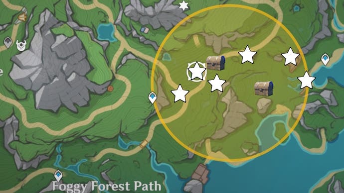 Cropped map view of fountain errinyues forest area with stars and chest marking energy particles and dig site locations