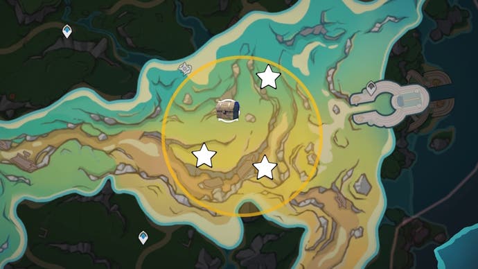 Cropped map view of Errineyes Forest Treasure underwater area with energy orbs and dig sites marked with stars and chests