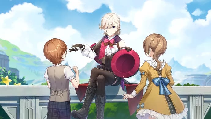 Anime -Kunstwerke von Lyney, die auf einer Schiene sitzt, die mit Kindern spricht