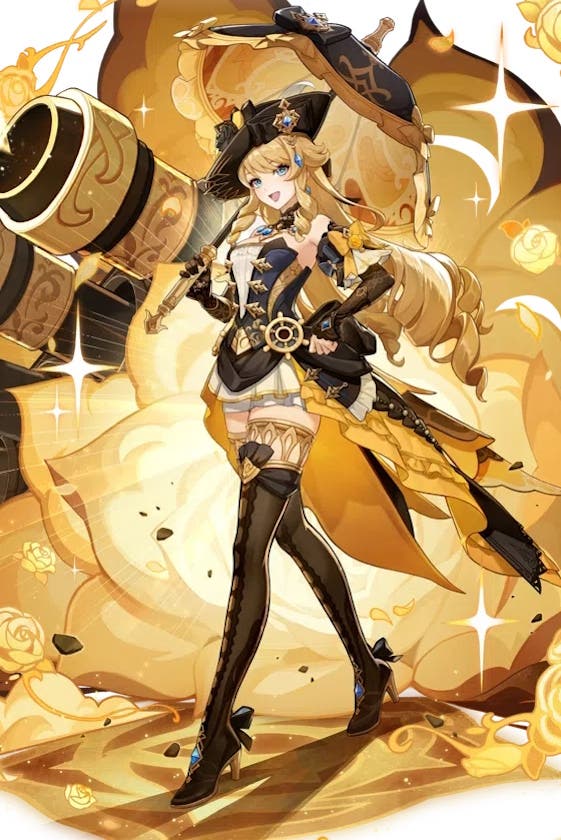 official splash art of navia, a long blonde haired woman wearing yellow and black clothing and a black hat