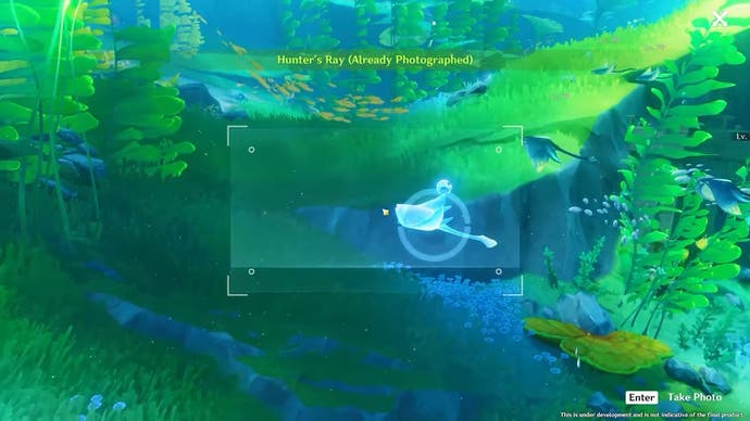 プレイヤーが水中の青いクリーチャーの写真を撮っていることを示すゲームプレイのスクリーンショット。