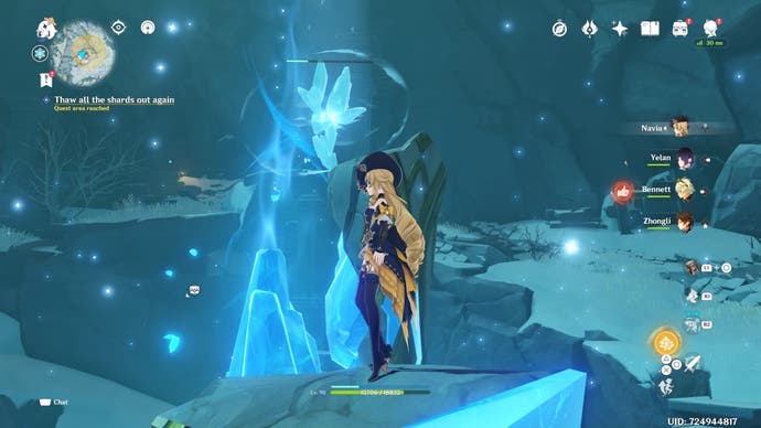 Navia schaut auf einer schwimmenden Plattform auf dem Gipfel des Dragonspine einen Scherde auf einer schwimmenden Plattform