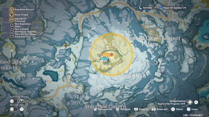 Vista de mapa de una ubicación de fragmentos de la cumbre de Dragonspine