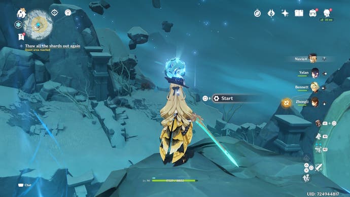 Navia schaut auf eine aufgetaute Scherbe auf einer schwimmenden Plattform oben auf dem Dragonspine Mountain