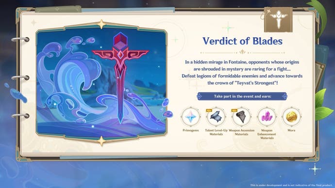 Artwork of a stylized red sword beside a similarly drawn blue wave with text and images to their right showing the rewards for the verdict of blades event.
