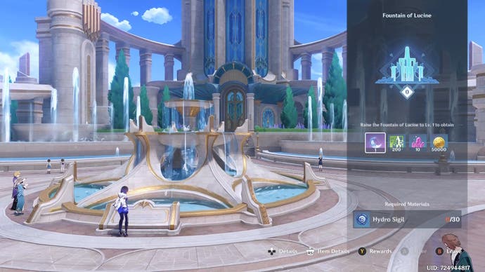 Menu showing the first level of the fountain of lucine rewards with the fountain in the background.
